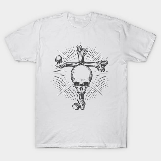 Human Skull fastened to Cross Made of Bones. Tattoo in engraving style. T-Shirt by devaleta